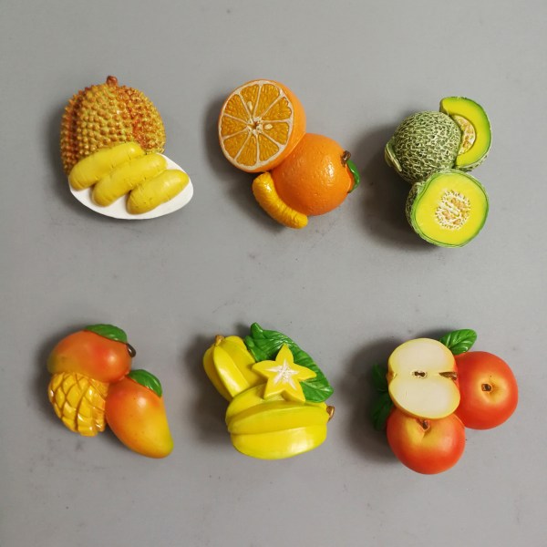 6 kylskåp klistermärken simulera frukt klistermärken kreativa tredimensionella hartstillbehör magnetiska klistermärken durian meddelande klistermärken, honung melon fo