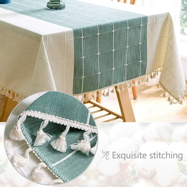 Solid bomull och linne rektangulär bordsduk Pläd broderi tofs bomull linne Cover för kök Matbordsdekoration (140x180cm, grön/