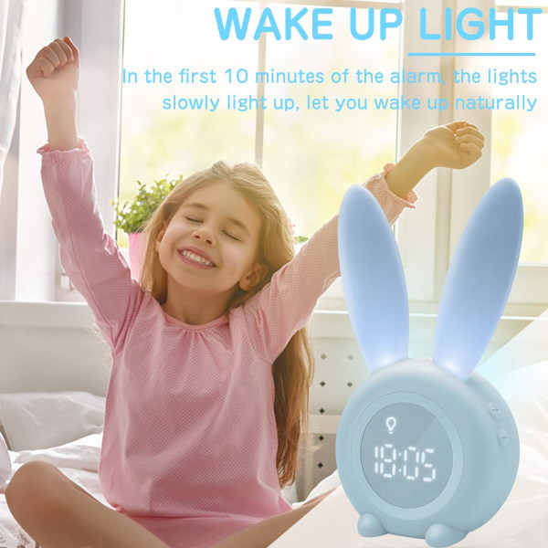 Barnväckarklocka med sött kaninmönster för flickor Wake Up Light Väckarklocka Snooze-funktion Magnetinstallation Tidsinställd kaninklocka (blå)