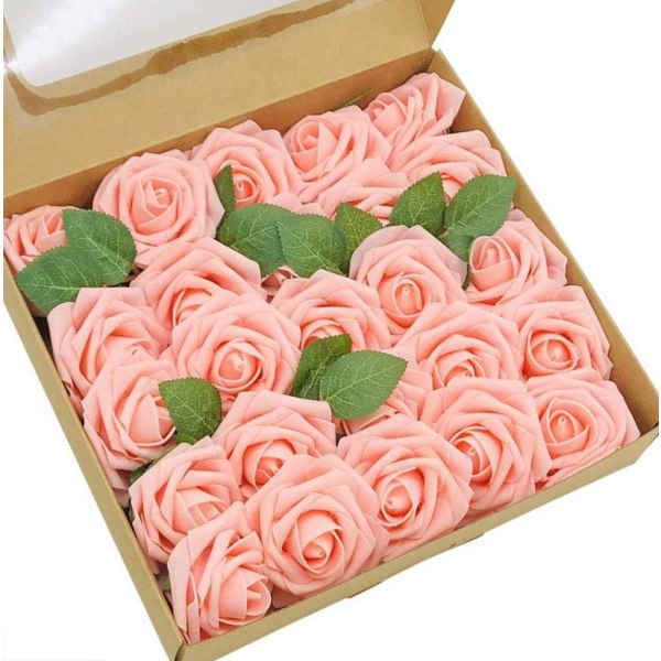 25-pack realistiska konstgjorda rosor med stam för bröllopsbuketter, mittpunkt, bröllopsfest, heminredning (ljusrosa, 25 st)
