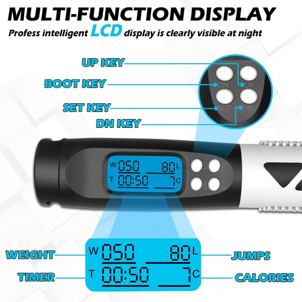 Sporthopprep, 2 i 1 hopprep Sladdlöst hopprep 2,8M Justerbar med Smart LCD Digital Meter Show, Hopprep med vikter Fitness Cr