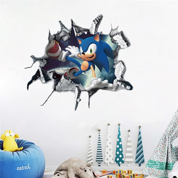 2st The Hedgehog Cartoon 3D Broken Wall Game Väggdekaler Barnrum Vardagsrum Bakgrund Väggdekaler Avtagbara PVC Heminredning