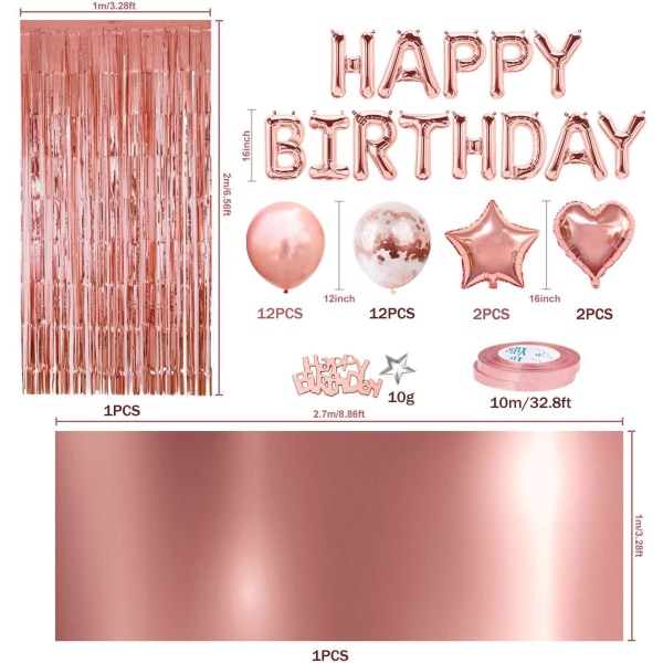 Rosa ballongsats för födelsedag Grattis på födelsedagen Garland, roséguld duk, fransgardin, 24 konfettiballonger, 4-stjärniga och hjärtballonger, Happy Birthda
