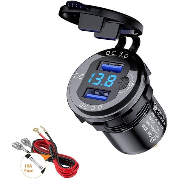 Hurtiglading QC 3.0 USB Billader Dobbel Port 36W Vanntett Hurtigladeadapter med LED Digital Voltmeter for 9V - 32V Båt Motorsykkel ATV Buss Lastebil