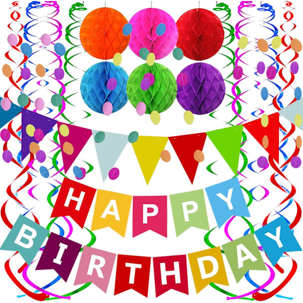 Grattis på födelsedagen banner med färgglad pappersflagga Bunting Papper Circle Konfetti Garland Swirl Streamers Honeycomb Ball för födelsedagsfest