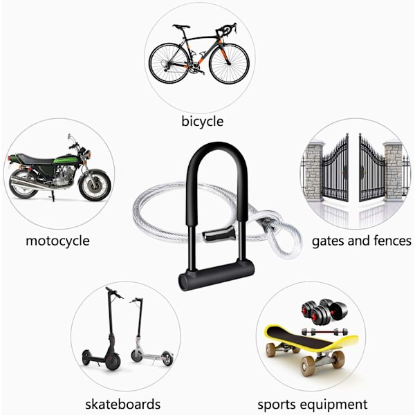 Cykellås, U-format cykellås med 1,2 m flexibel stålkabel och kraftigt monteringsfäste för cyklar, cyklar, skotrar, etc.