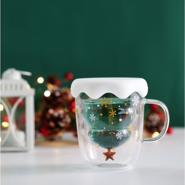Julgransformad dubbelglas hushållsisolerad mjölk frukostkopp kaffekopp med handtag Xingyuan kopp