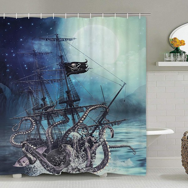 Octopus Nautical Ocean Duschgardin Piratskepp Pojkar Barn Steampunk Segelbåt Badrumsinredning Vattentät polyestertyg 70,8x70,8 tum med krokar Pa