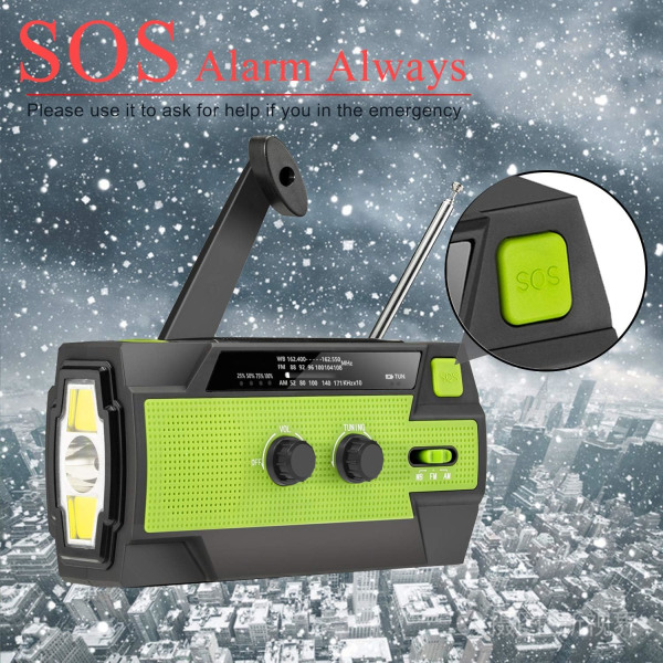 Nödradio, 4000mAh väderradio med handvev och solladdning, 3-växlad LED-ficklampa, SOS-larm, Portable Power Bank, AM/FM/NOAA, Rörelsesensor