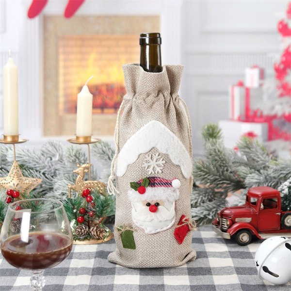 3 Juledekorasjoner Lin Vinflaske Trekk Vinflaske Pose Santa Snømann Elg Vinpose 30 x 14cm
