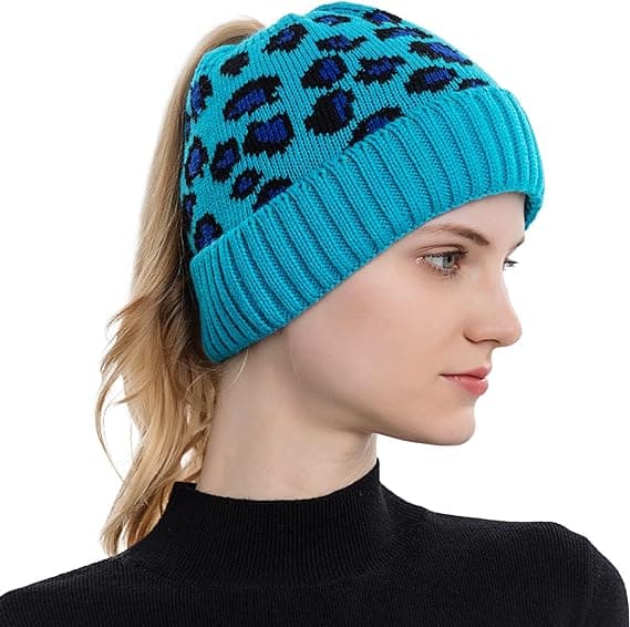 Mjuk Stretch Stickad Tofs Mössa Vintermössa för Kvinnor Cyan
