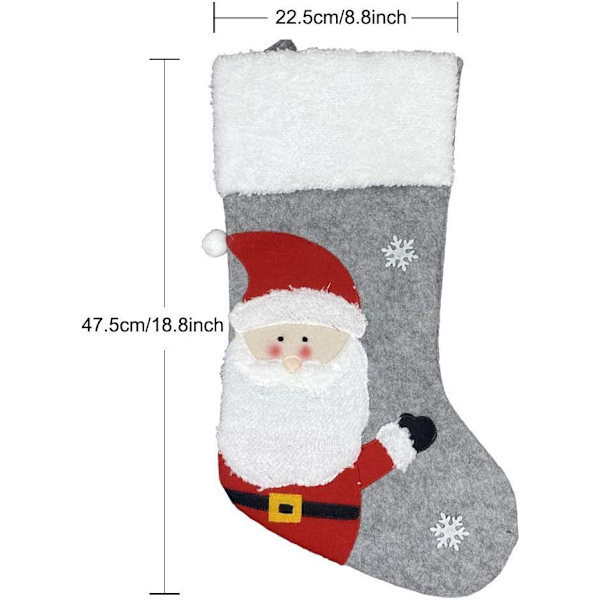 3 stycken julstrumpor, gubbe, snögubbe, älghängen, dekorerade julklappar