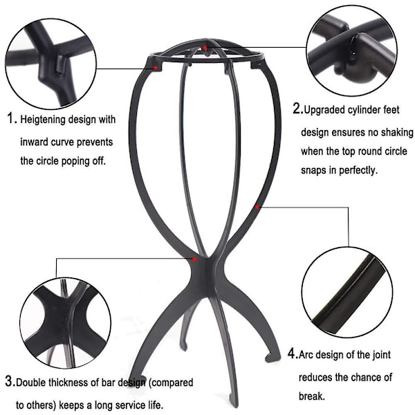 3st perukhållare, hopfällbart perukstativ (svart)