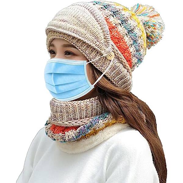 Dam Vintermössa Scarf Mask 3 i 1 Fleecefodrad Stickad Varm Beanies Hattar Scarfs Set med Pompom