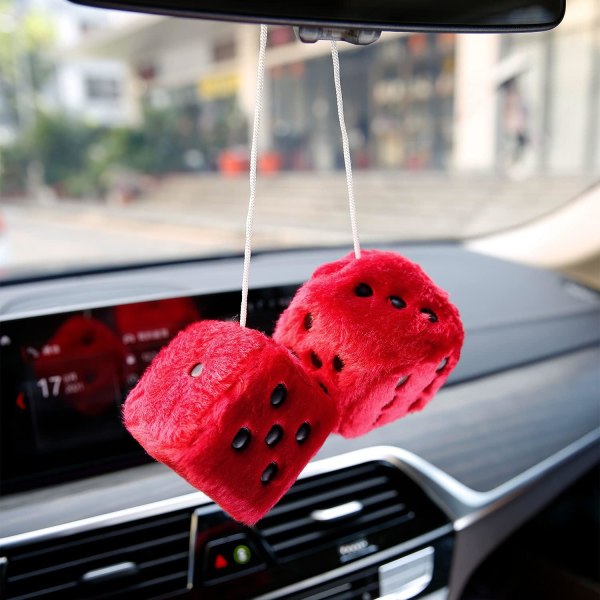 Par med Fuzzy Plysj Terninger Par Hengende med Retro Firkantet Speil Polka Dotter for Bilinteriør Dekor (Rød)