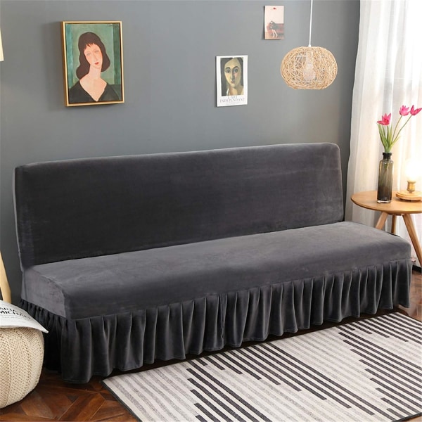 Armless cover med volangkjol högst stretchig futon bäddsoffa cover utan armfläckbeständig maskintvättbar liten (grå, M)