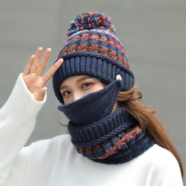 Fleecefodrade vintermössor för kvinnor Stickad Beanie Hat Scarf Mask Se