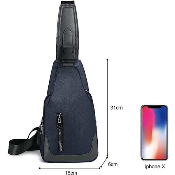 Bröstväska män, vattentät fritidsaxelväska, bröstväska med USB laddningsport, reseryggsäck för vandring, blå
