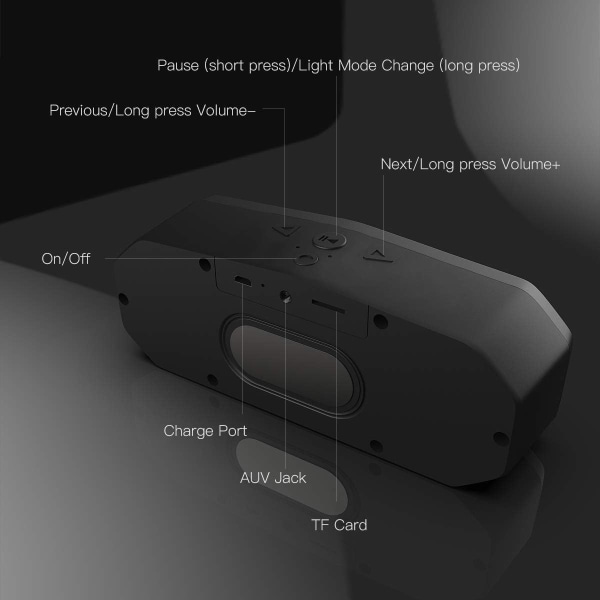 Bluetooth högtalare, bärbar trådlös Bluetooth 5.0-högtalare med LED-lampor för djup bas, stereohögtalare för subwoofer (svart)