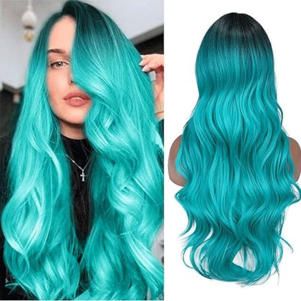 Turkos peruk Lång vågig sidodel peruk Värmebeständigt syntetiskt hår Cyan peruk sjöjungfru peruk Damparty Halloween kostymperuk (Ombre blågrön) 70 cm