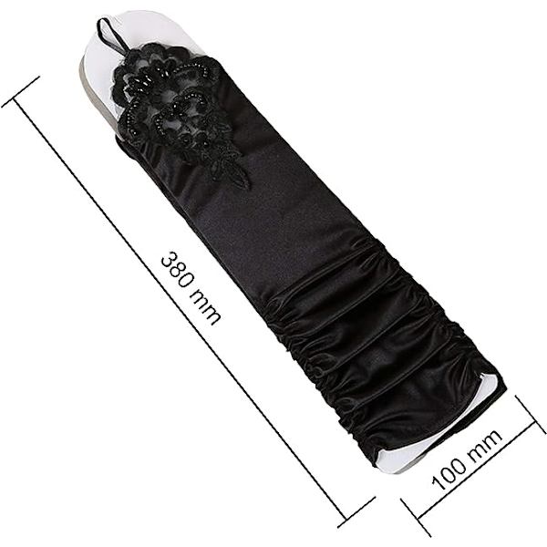 1 Par Lange Elastiske Fingerløse Hansker i Blonde for Kvinner, Opera Aftenhansker Satenghansker for Halloweenfest, Bryllup, Konsert (Svart)