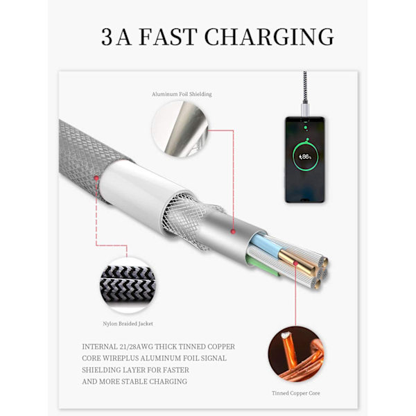 6 kpl 2 m punottuja Lightning-kaapeleita latausdatakaapeli Samsung XIAOMI HUAWEI