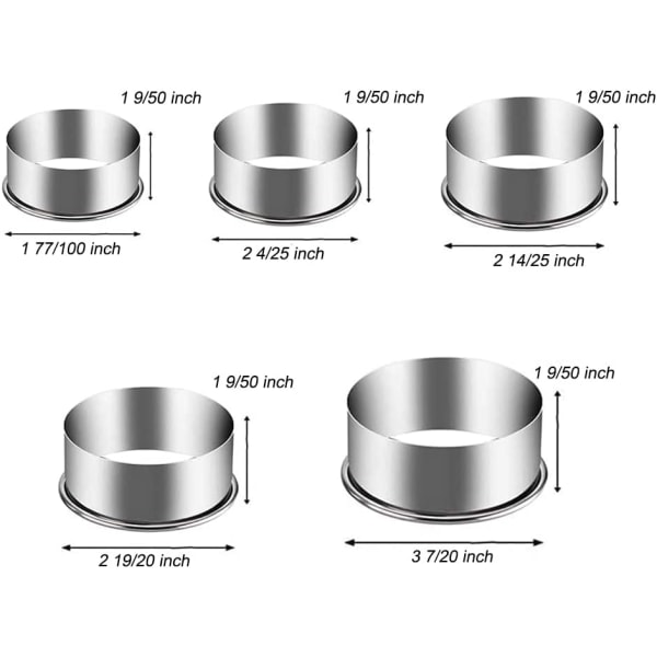 Set, robusta cirklar runda kakformar i rostfritt stål i graderade storlekar Molds för bakverk Degar Munkar, 5 stycken