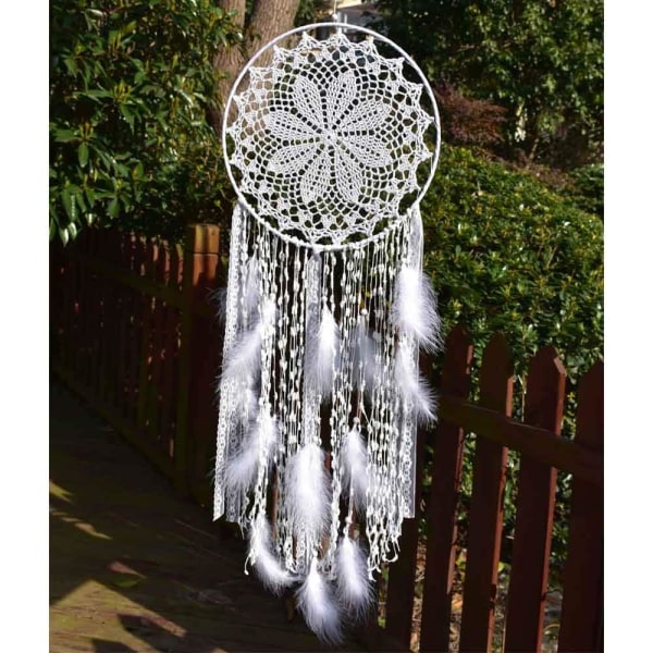Stort Makrame White Feather Dreamcatcher Vägghängande för vintage eller heminredning - 80 cm lång 30 cm cirkel
