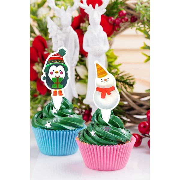 48 stycken Julmuffinsformar, Snögubbe Jultomte Muffinstoppers, Julgranar Pingvin Älg God Jul Ord Muffinsformar, Jul