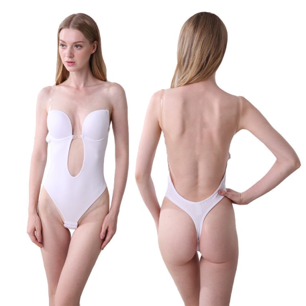 Bodysuit med djup V-hals för kvinnor Axelbandslös Bodysuit utan rygg Body U-form Seamless stringtrosa Helkroppsbody(M)