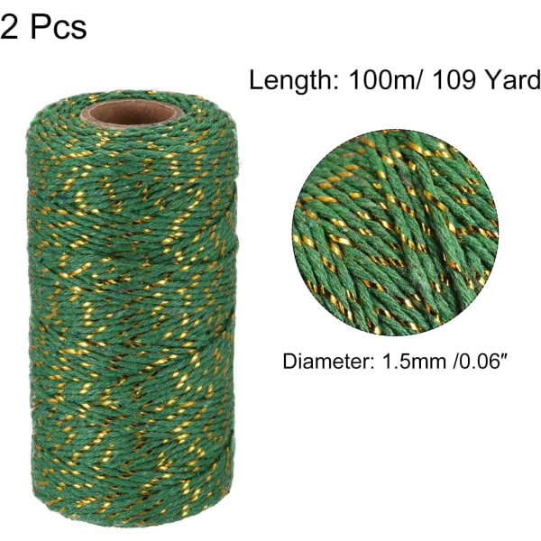 2 stycken repförpackning repförpackning bomullsrep 100M/109 yards grönt och guld presentförpackningsrep, julrep