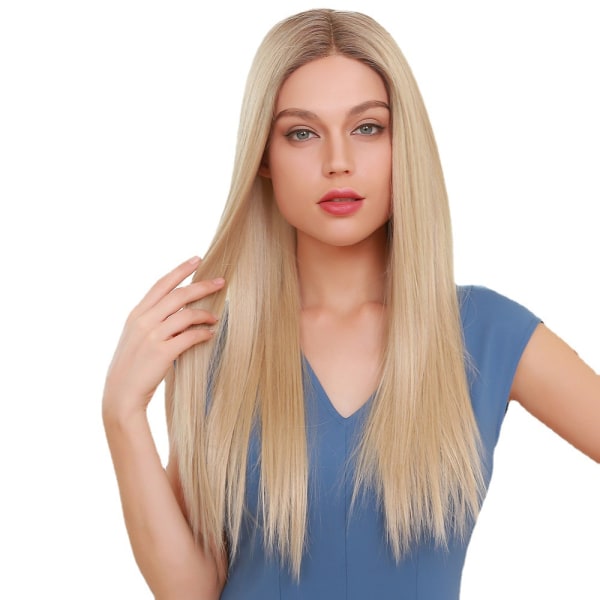Spets främre handgjord virkad peruk för kvinnor med medellångt gradvis gyllene rakt hår, högtemperatursilke, mjukt hår, 22 tum