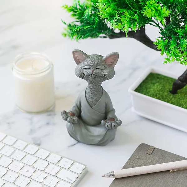 Finurlig Buddha Kat Figur, Meditation Yoga Samlerobjekt, Gave til Katteelskere (Grå)