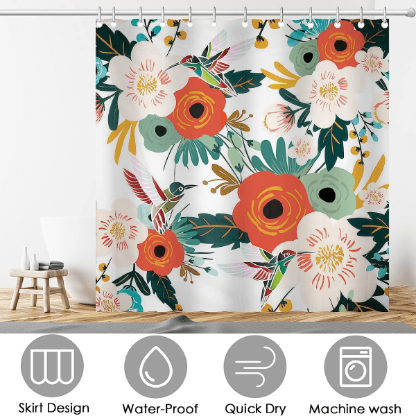 Bruseforhængssæt Vandtæt polyester Planter og blomster Bruseforhæng med 12 kroge til hjemmet Hotel Maskinvaskbart forhæng Vandtæt badeværelse Wi