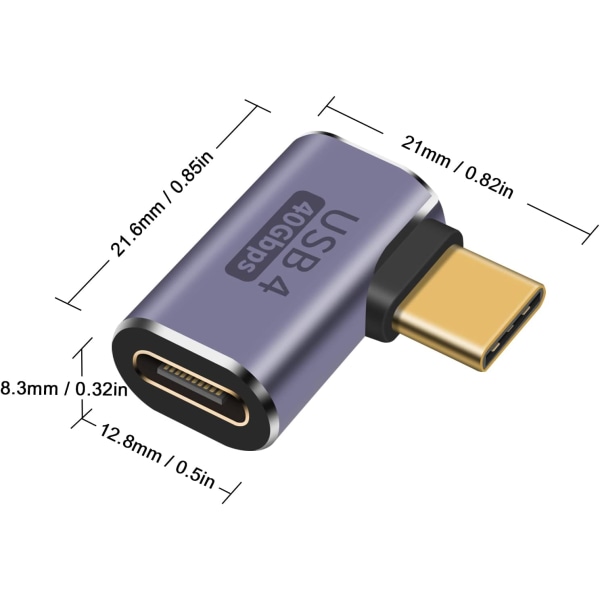 Rättvinklad USB C-adapter för USB 4-kabel, 40 Gbps USB 4-kabeladapter, stöder 8K Video Extender Type-C hane till hona 100W laddning för Thunderbolt4,