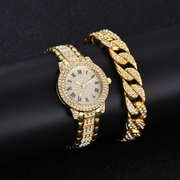 Watch herr och dam All Diamond watch+ armband dam vintage romersk stålplåt watch (rosa )