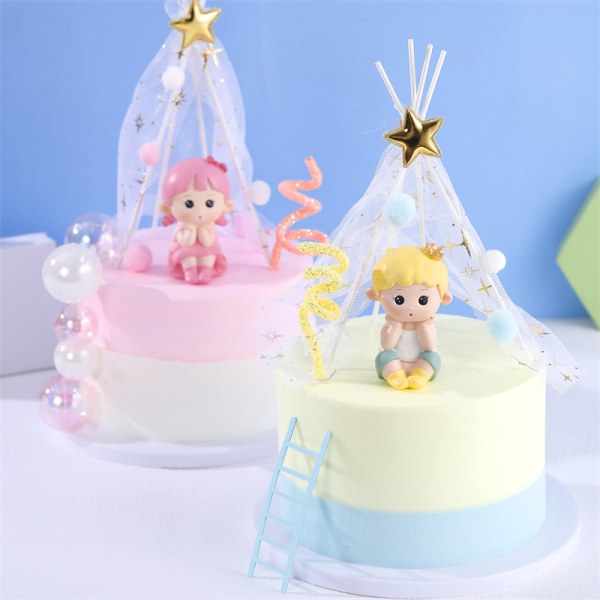 2 Söta Prins Prinsessan Födelsedag Bakade tårtdekorationer Barnrumsdekorationer Skrivbordshandgjorda dockor ca 8 cm höga