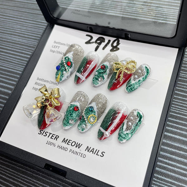 Handgjord jul PRESS PÅ SPIK, julvattendroppformade lösnaglar akrylnaglar Jul lösnaglar tips, juldekoration av nail art