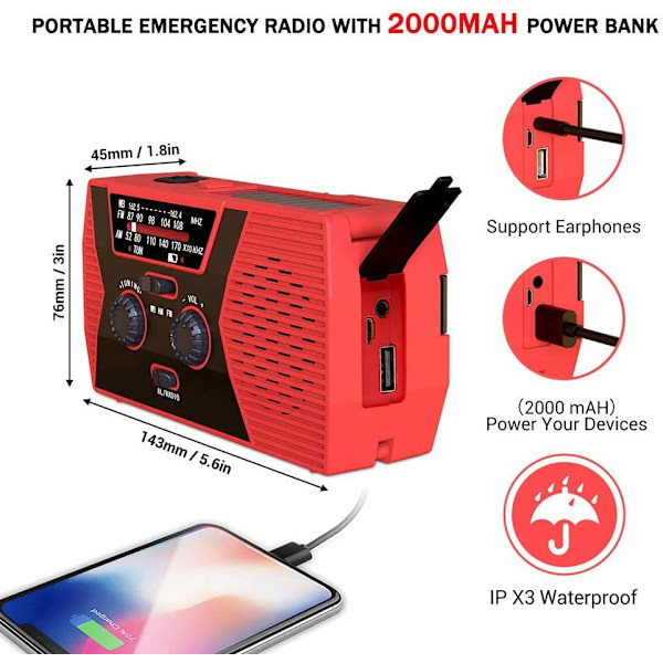 Kannettava käsikampi radio, kannettava aurinkoenergialla toimiva käsikampi radio, hätätilanteen käsikampi radio