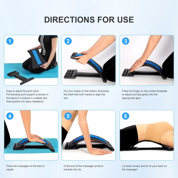 Stretching Device, Back Massager för Bed & Stol & Car, Multi-Level Lumbal Support Stretcher Spinal, Nedre och övre muskelsmärta (svart/blå)