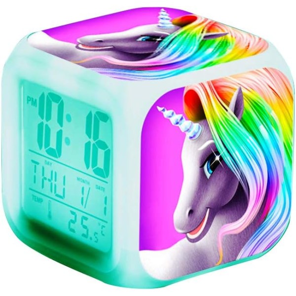 Unicorn Girls Digital Väckarklocka, LED Nattglödande Cube LCD Cl