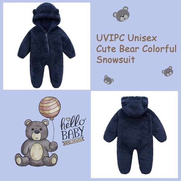 Nyfödd baby fleece snödräkt vinter Onesie Cartoon Bear varma huvkläder för flickor Pojkar (marinblå, 6-9 månader)