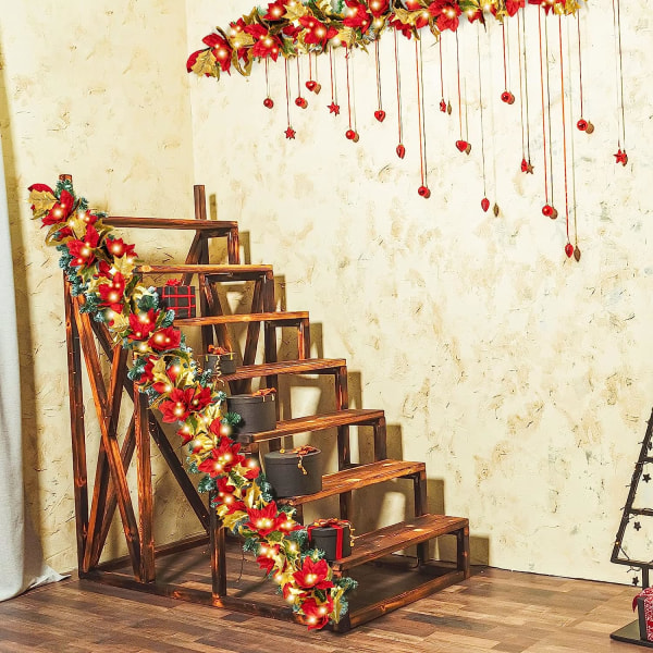 5,9 fot jul julstjärna girland med ljusslingor Konstgjorda röda julblomma hängande vinstockar med guldkant blad för julbröllop eldstad