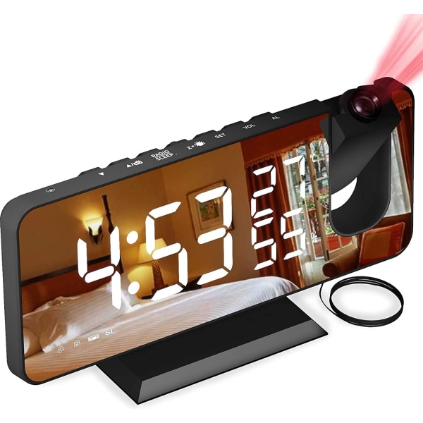 Projektorväckarklocka, väckarklockaradio med temperatur, luftfuktighet, 7,5 tums spegel LED-skärm, med automatisk avbländningsfunktion, (svart)