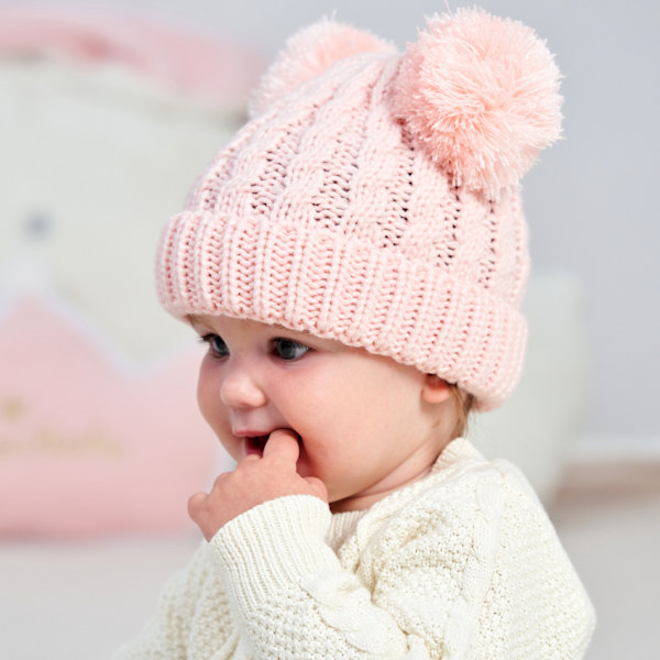 Baby Lue Dobbel Ball Barnelue Høst og Vinter Varm Lue (Rosa)