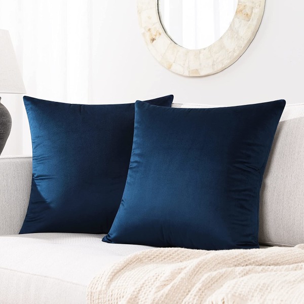 Sett med 2 koselige firkantede pynteputetrekk i fløyel for sofa og seng, marineblå, 45 x 45 cm