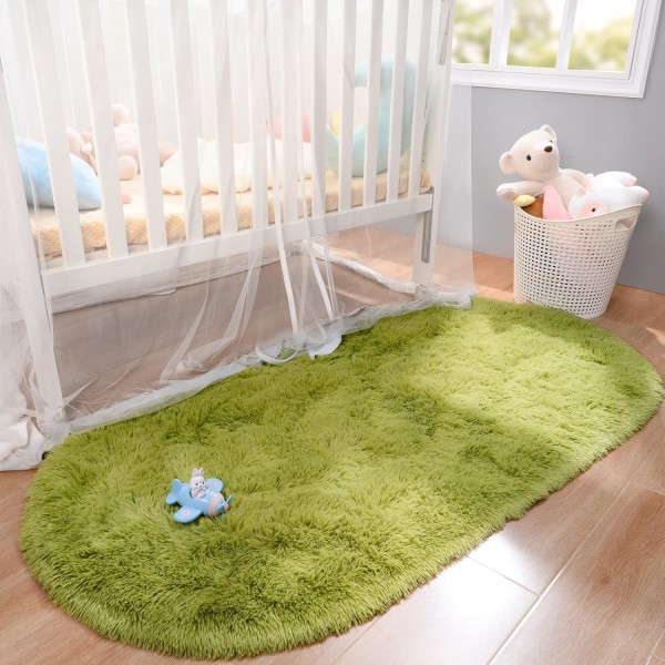 Soft Shag mattor för barnrum, 2,6x5,3 fot ovala gröna plysch fluffiga mattor för vardagsrum, lurviga mattor för tonårsflickor sovrum, bekväma halkfria mattor för
