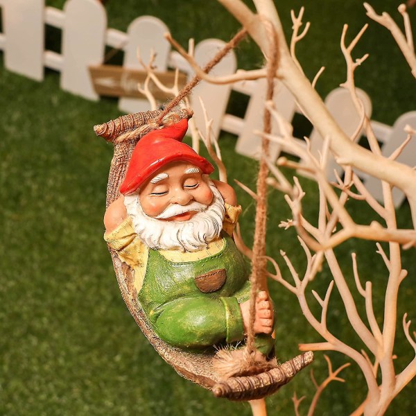 Rolig tomte trädgårdsdekorationer Utomhus hängande staty Fairy Garden Gnome