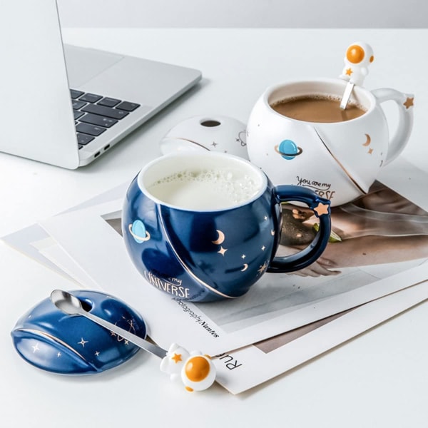 Søde Astronaut Krus med Låg, Nyt Keramisk Kaffekrus, Morgen Ember Svampe Mælk, Marineblå Tekop 400ml/15oz
