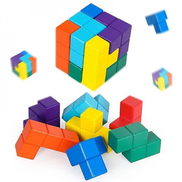 Børnelegetøj Tetris Cube Legetøj Træ 3d Farve Puslespil